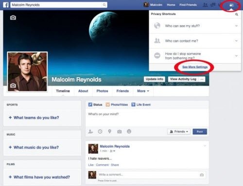 14 bước giúp tài khoản Facebook trở nên vô hình - 1
Đầu tiên, bạn nhấn vào biểu tượng thiết lập bảo mật, chọn See More Settings.