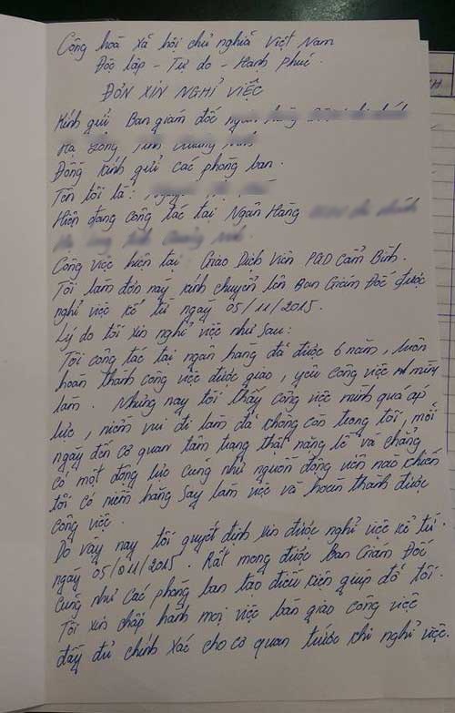 Nỗi cay đắng của nhân viên ngân hàng trốn trong nhà vệ sinh ăn sáng - 1
Đơn xin nghỉ việc của chị H.