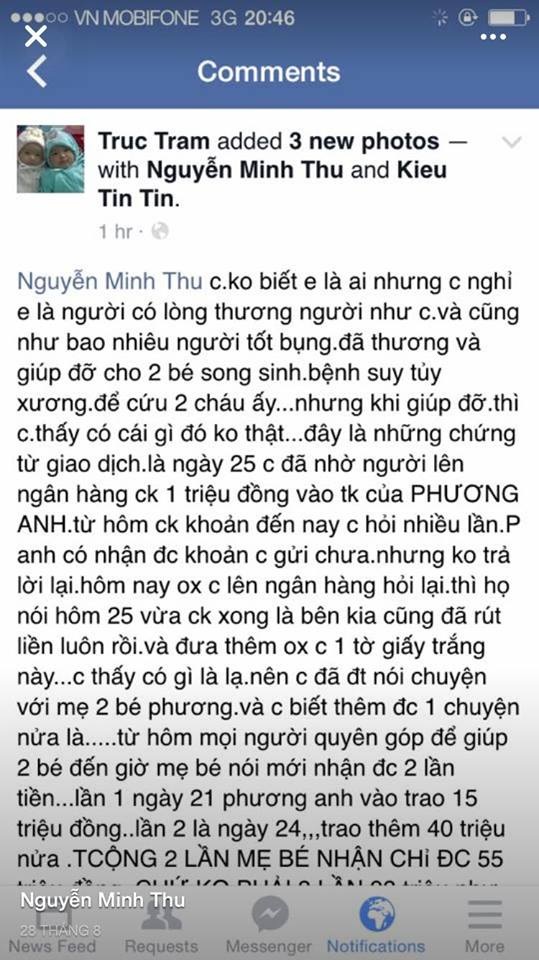 Vạch trần “phi vụ” ăn chặn 35 triệu đồng tiền từ thiện của FB Vũ Thị Phương Anh - 7
Trước đó, một nhà hảo tâm sau khi chuyển khoản cho bà Phương Anh 1 triệu đồng để gửi cho chị Dương, nhưng không thấy sao kê. Sau đó chị gọi điện cho chị Dương thì biết lúc đó chị Dương chỉ nhận được có 55 triệu đồng