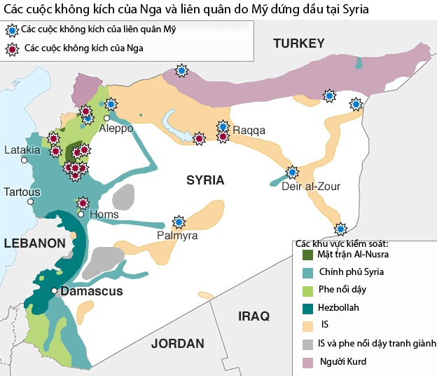 NATO họp khẩn vì chiến dịch không kích của Nga - 2
Bản đồ mô phỏng vị trí các cuộc không kích của Nga và liên quân do Mỹ đứng đầu và các khu vực do các bên khác nhau hiện đang kiểm soát tại Syria (Đồ họa: BBC)