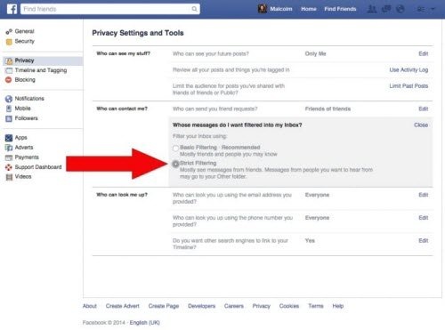 14 bước giúp tài khoản Facebook trở nên vô hình - 5
Để Facebook kiểm soát tốt hơn các tin nhắn gửi tới bạn, có thể chuyển tùy chọn trong mục Whose messages do I want filtered into my inbox từ Basic thành Strict.