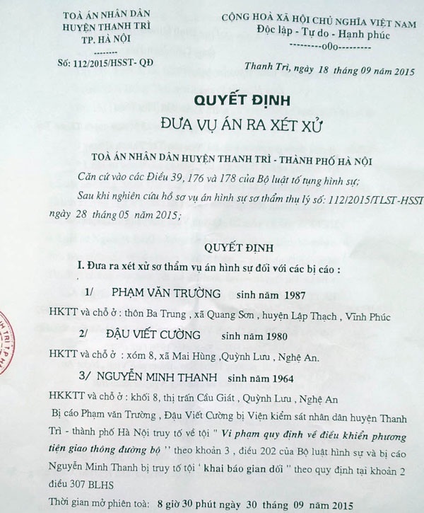 Hà Nội: Đưa ra xét xử vụ tai nạn thảm khốc làm hai người chết - 2 Quyết định đưa vụ án ra xét xử của Tòa án nhân dân huyện Thanh Trì.