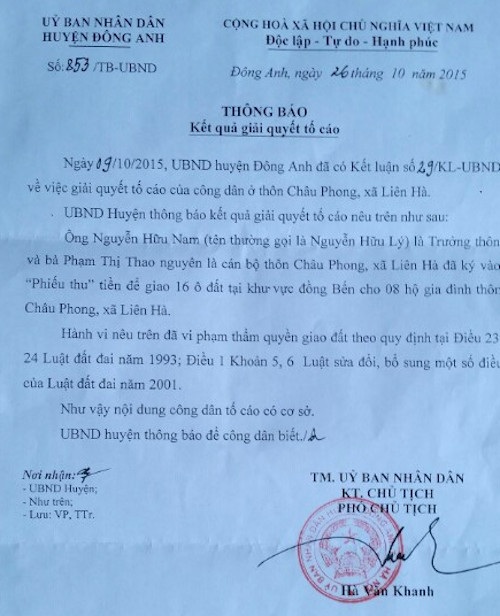 
UBND huyện Đông Anh kết luận tố cáo của người dân là có sở sở nhưng chưa đưa ra hình thức xử lý với ông Nguyễn Hữu Nam và hiện ông này vẫn tại vị trưởng thôn.
