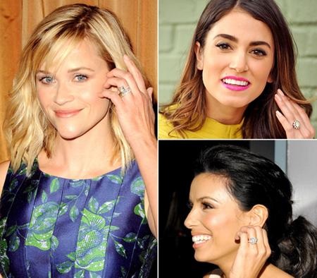 Reese Witherspoon sở hữu một chiếc nhẫn kim cương Ashoka, “bà nội trợ” Eva Longoria thì có một chiếc nhẫn kim cương ngọc lục bảo và Nikki Reed cũng đã được bạn trai Ian Somerhalder tặng nhẫn đính hôn vào năm 2015 sau sáu tháng hẹn hò. Điểm chung của ba chiếc nhẫn này chính là số lượng kim cương gắn trên mỗi chiếc nhẫn lên tới 4 carat.