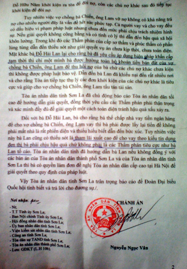 Thừa nhận thẩm phán thiếu sót, Tòa án Sơn La vẫn kết luận bản án đúng luật - 4 Văn bản giải trình đề thụt lùi thời gian báo cáo Đoàn đại biểu Quốc hội tỉnh Sơn La của Chánh án TAND tỉnh Sơn La đã thừa nhận các thẩm phán có lúng túng và thiếu sót.