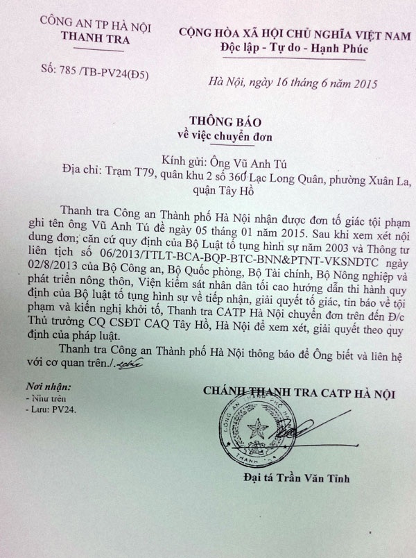 Thanh tra Công an TP. Hà Nội thông báo đã chuyển đơn cho Thủ trưởng Cơ quan CSĐT - Công an quận Bắc Từ Liêm xem xét, xử lý theo quy định của pháp luật, Thanh tra Công an TP. Hà Nội thông báo đã chuyển đơn cho Thủ trưởng Cơ quan CSĐT - Công an quận Bắc Từ Liêm xem xét, xử lý theo quy định của pháp luật,