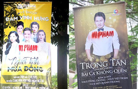 Hà Nội không thể là “bãi rác băng-rôn” - 1
Băng-rôn 2 show ca nhạc của ca sĩ Trọng Tấn và Đàm Vĩnh Hưng bị đóng dấu “vi phạm”. Ảnh V.Thịnh