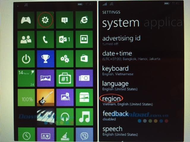 Thêm tiện ích khi mua hàng nghìn ứng dụng trên Windows Phone Store - 2
Đầu tiên truy cập vào biểu tượng hình bánh răng (Settings), chọn Region để chọn vùng.