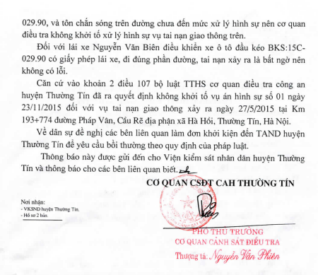 Hà Nội: Công an huyện Thường Tín kết luận điều tra vụ TNGT, đương sự phản đối quyết liệt - 2
Kết luận của Công an huyện Thường Tín khiến bị đương sự phản ứng.