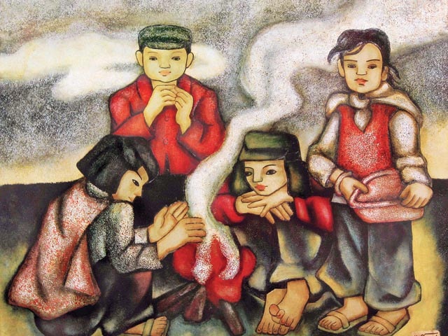 Bữa cơm chiều 30 Tết - 1 Tranh: Sưởi lửa (sơn mài). Ảnh: Nguyễn Thị Hiền