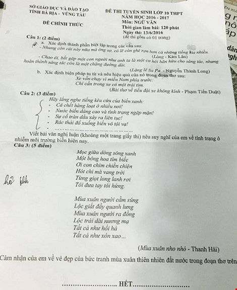 Bà Rịa-Vũng Tàu: Cá chết, biển ô nhiễm vào đề thi văn lớp 10 - 1 Đề thi văn lớp 10 sáng ngày 13/6.