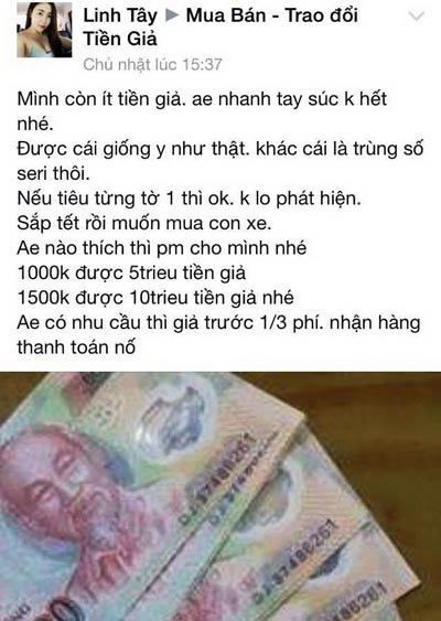 Ngang nhiên rao bán tiền giả trên mạng - 1 Một trang Facebook cá nhân rao bán tiền giả