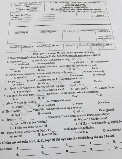 Đề thi và gợi ý giải môn thi tiếng Anh vào lớp 10 của TP.HCM - 1 Đề thi và gợi ý giải môn thi tiếng Anh vào lớp 10 của TP.HCM - 1