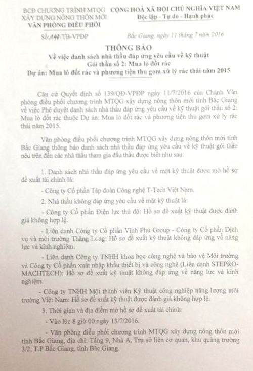 Đề nghị làm rõ khiếu nại “đi đêm” trong gói thầu lò đốt rác tại Bắc Giang - 1
Văn phòng điều phối quốc gia xây dựng nông thôn mới tỉnh Bắc Giang xác định Công ty T-Tech là đơn vị trúng thầu.