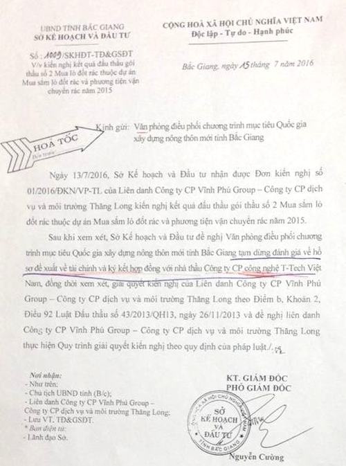 Đề nghị làm rõ khiếu nại “đi đêm” trong gói thầu lò đốt rác tại Bắc Giang - 2
Ông Nguyễn Văn Doanh cho rằng Sở Kế hoạch đầu tư tỉnh Bắc Giang không có thẩm quyền ban hành các công văn yêu cầu tạm dừng liên quan Công ty CP T-Tech Việt Nam.