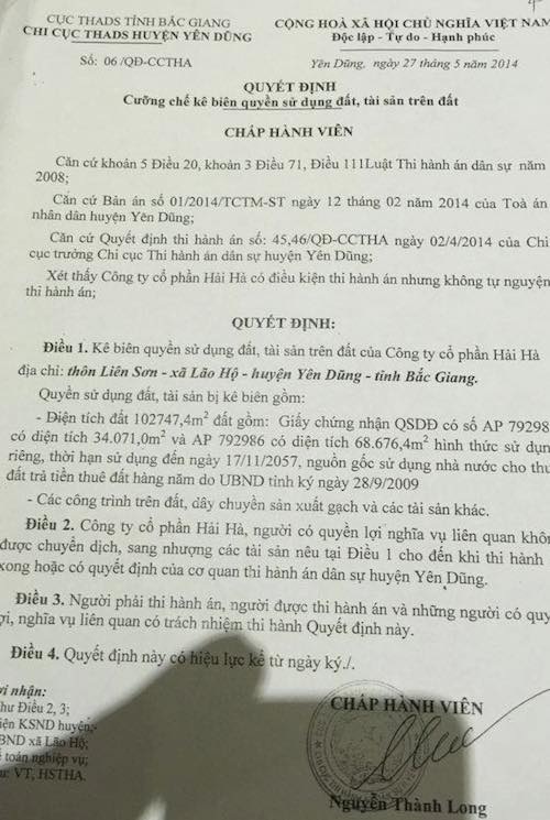 Bắc Giang: Hơn 100 công nhân thấp thỏm trước nguy cơ thất nghiệp ngay sát Tết - 4
Quyết định cưỡng chế kê biên quyền sử dụng đất và tài sản trên đất của Công ty Hải Hà bị khiếu nại.