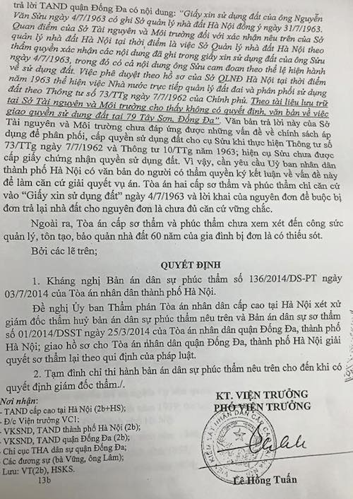 Ba cấp toà thống nhất xử thắng, bản án vẫn bất ngờ bị kháng nghị giám đốc thẩm - 7
Chỉ 1 ngày sau khi TAND Tối cao có thông báo không đủ căn cứ kháng nghị, VKSND Cấp cao tại Hà Nội đã ra Kháng nghị giám đốc thẩm.