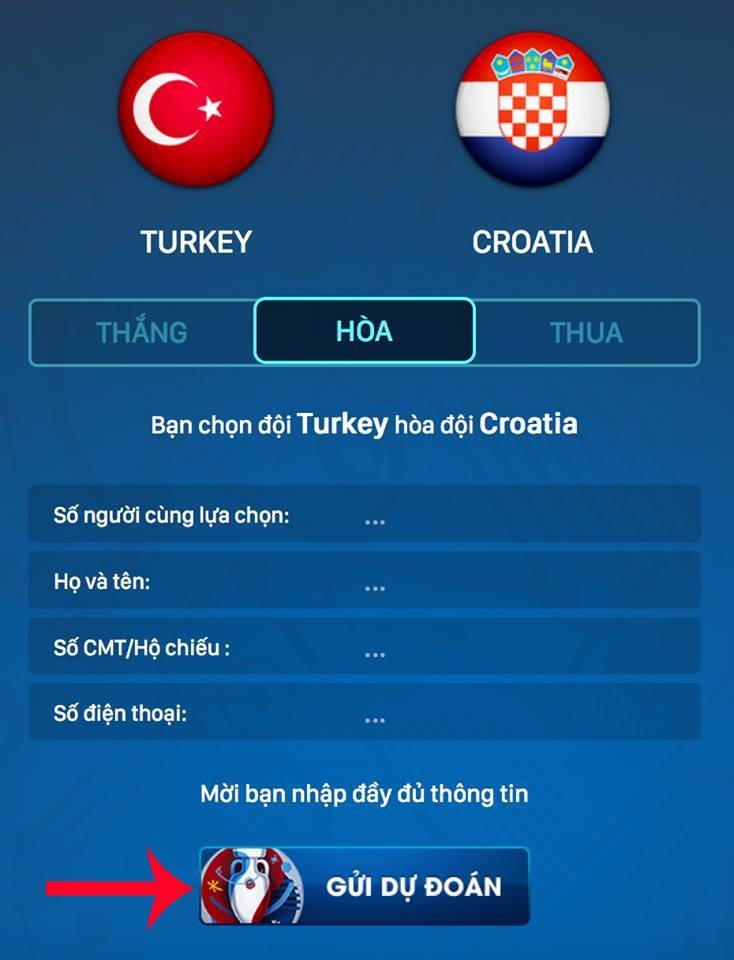 Dân trí tổ chức trao thưởng đợt 1 chương trình “Dự đoán Euro 2016" - 5
Độc giả lựa chọn kết quảTHẮNG - HÒA - THUA, ví dụ ở trận Thổ Nhĩ Kỳ-Croatia, đồng thời cần điền đầy đủ thông tin cá nhân theo yêu cầu và cuối cùng ấnGỬI DỰ ĐOÁNlà hoàn tất.