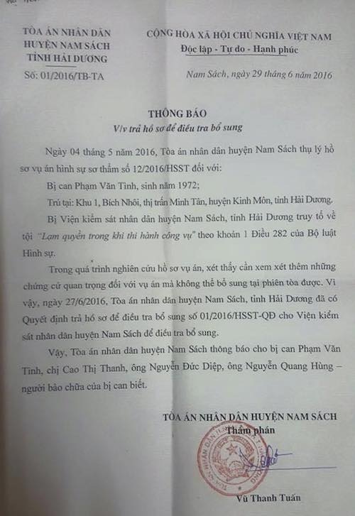 Trả hồ sơ yêu cầu điều tra bổ sung vụ người dân bị khởi tố tội Lạm quyền - 1
TAND huyện Nam Sách trả hồ sơ yêu cầu điều tra bổ sung vụ người dân bị khởi tố tội Lạm quyền.