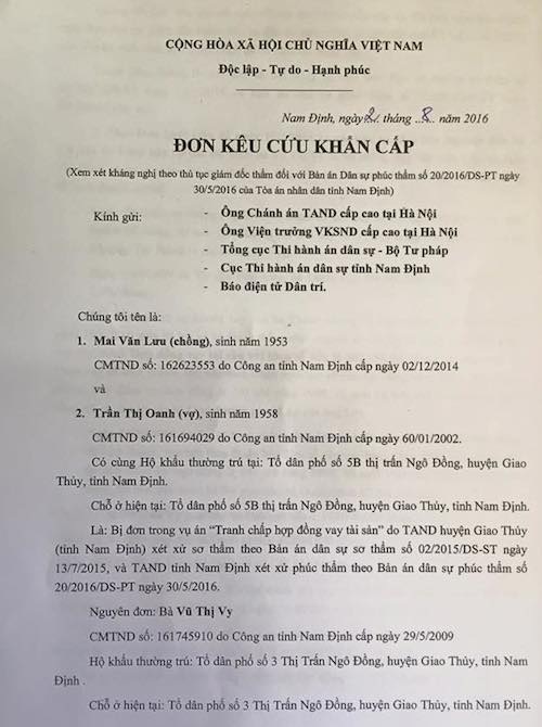 Nam Định: Hai cấp toà tuyên án, bị đơn khẩn thiết xin xem xét kháng nghị giám đốc thẩm - 1 Nam Định: Hai cấp toà tuyên án, bị đơn khẩn thiết xin xem xét kháng nghị giám đốc thẩm - 1