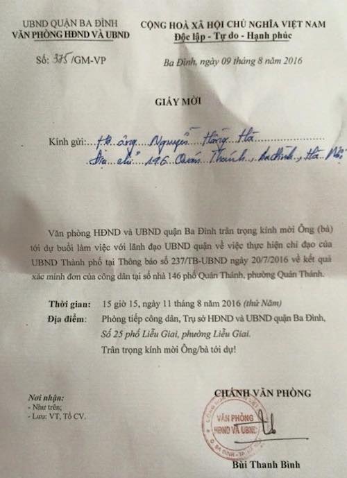 Vụ 146 Quán Thánh: UBND quận Ba Đình mời dân làm việc sau kết luận của TP Hà Nội - 1
UBND quận Ba Đình mời người dân 146 Quán Thánh làm việc sau kết luận của TP Hà Nội