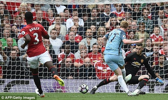 MU 1-2 Man City: Guardiola lại thắng Mourinho - 9
Pha dứt điểm ghi bàn của De Bruyne