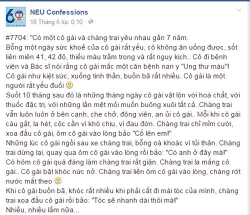 Xúc động chuyện tình 7 năm của cô gái ung thư máu - 2
Tâm sự của Mỹ Hằng trên trang NEU Confession hút 21.000 lượt thích