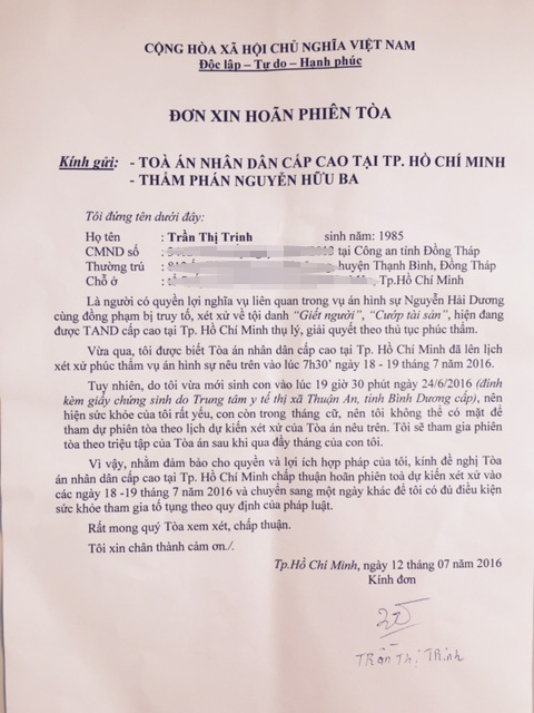 Đơn xin hoãn phiên toà của dì ruột Nguyễn Hải Dương