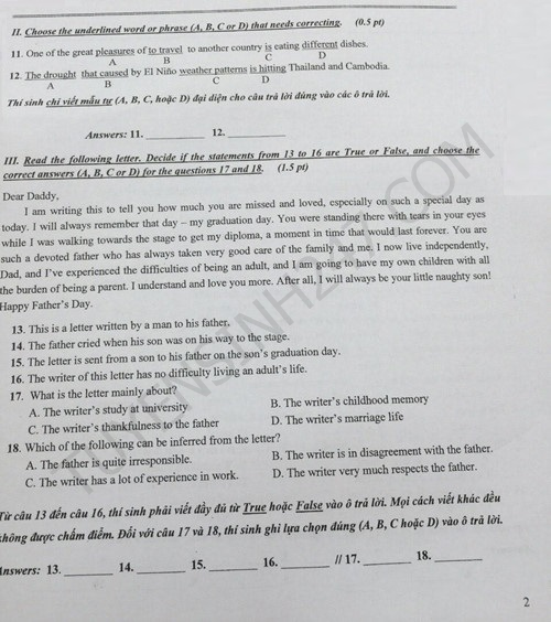 Đề thi và gợi ý giải môn thi tiếng Anh vào lớp 10 của TP.HCM - 2 Đề thi và gợi ý giải môn thi tiếng Anh vào lớp 10 của TP.HCM - 2