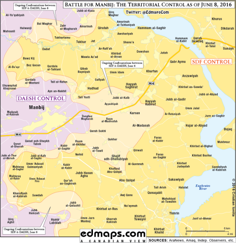 Syria chia lực lượng tiến công nhiều mặt trận, sắp tới Raqqa - 2 Chiến sự tại Syria cánh quân của SDF ngày 8/6.