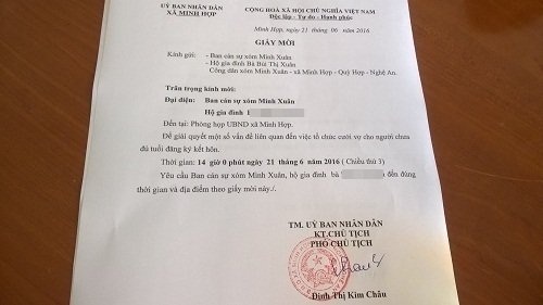 16 tuổi, cô dâu chú rể 'mặt búng sữa' linh đình làm đám cưới - 3
Giấy triệu tập làm việc của UBND xã Minh Hợp, Quỳ Hợp, Nghệ An, Ảnh Tiến Thành