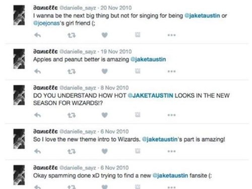 Trở thành người yêu thần tượng nhờ... Twitter - 5
Danielle liên tục tweet về Jake trên Twitter.