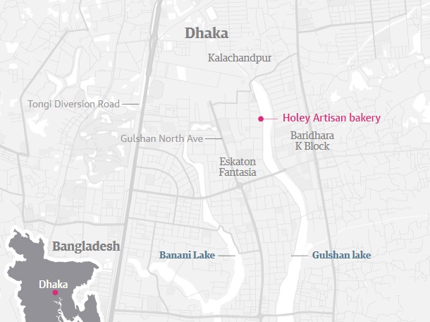 Tấn công khủng bố tại thủ đô của Bangladesh, 20 con tin bị bắt giữ - 2
Vụ tấn công xảy ra tại quán cà phê Holey Artisan Bakery ở thủ đô Dhaka (Đồ họa: Guardian)