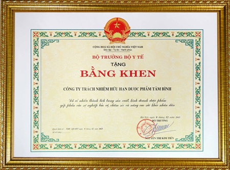 Bằng khen của Bộ trưởng Bộ Y tế trao tặng Công ty Dược phẩm Tâm Bình.
