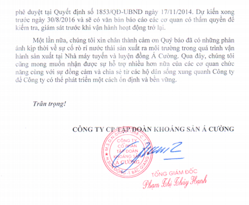 
Công ty CP Tập đoàn khoáng sản Á Cường cho biết đang khẩn trương khắc phục sai phạm về môi trường sau thông tin báo Dân trí đăng tải.
