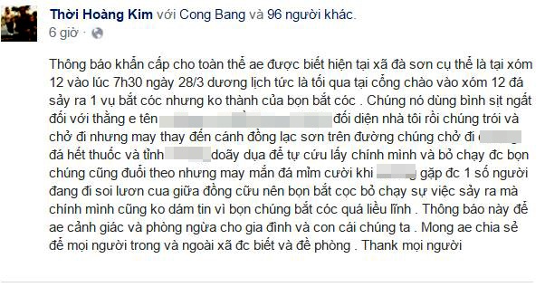 
Thông tin về vụ bắt cóc nam sinh lớp 11 được miêu tả li kì trên Facebook.
