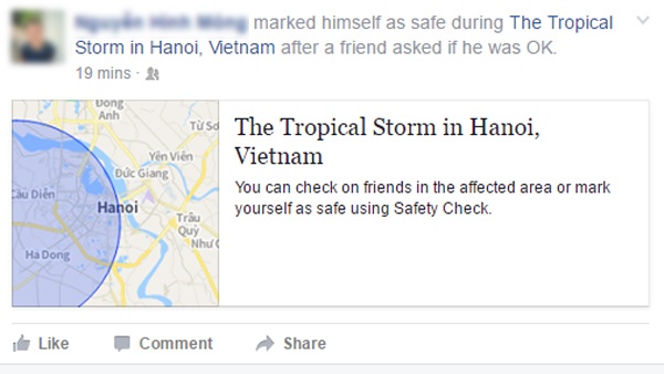 
Người dùng facebook có thể thông báo trạng thái an toàn sau bão số 3 cho người thân, bạn bè thông qua công cụ Facebook Safety Check
