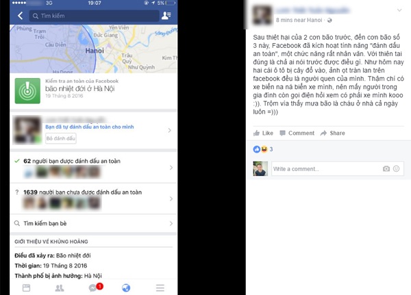 
Một bạn trẻ nhận xét về tính năng này của facebook, cũng như khuyến cáo bạn bè về sự nguy hiểm của bão số 3
