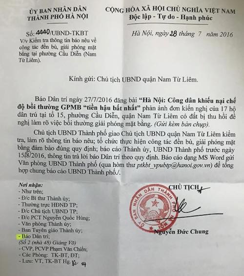 Hà Nội: Bị người dân khiếu nại, UBND quận Nam Từ Liêm xem xét lại chế độ bồi thường - 1
Chủ tịch TP Hà Nội chỉ đạo xử lý khiếu nại của người dân quận Nam Từ Liêm.