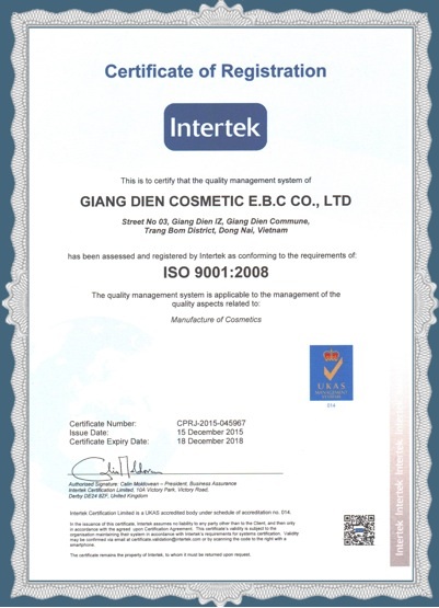 Giấy chứng nhận ISO đạt chuẩn quốc tế của nhà máy sản xuất mỹ phẩm White Doctors