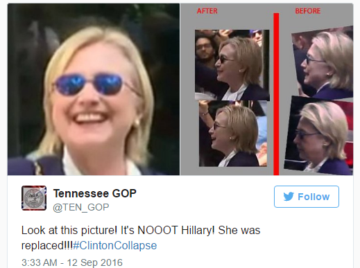 Nghi án mượn người đóng thế bà Clinton: Người trong cuộc lên tiếng - 4
So sánh ngoại hình trước và sau khi xuất hiện ở bên ngoài căn hộ nhà Chelsea, một tài khoản Twitter khẳng định đã có người đóng thế bà Clinton. (Ảnh: Twitter)