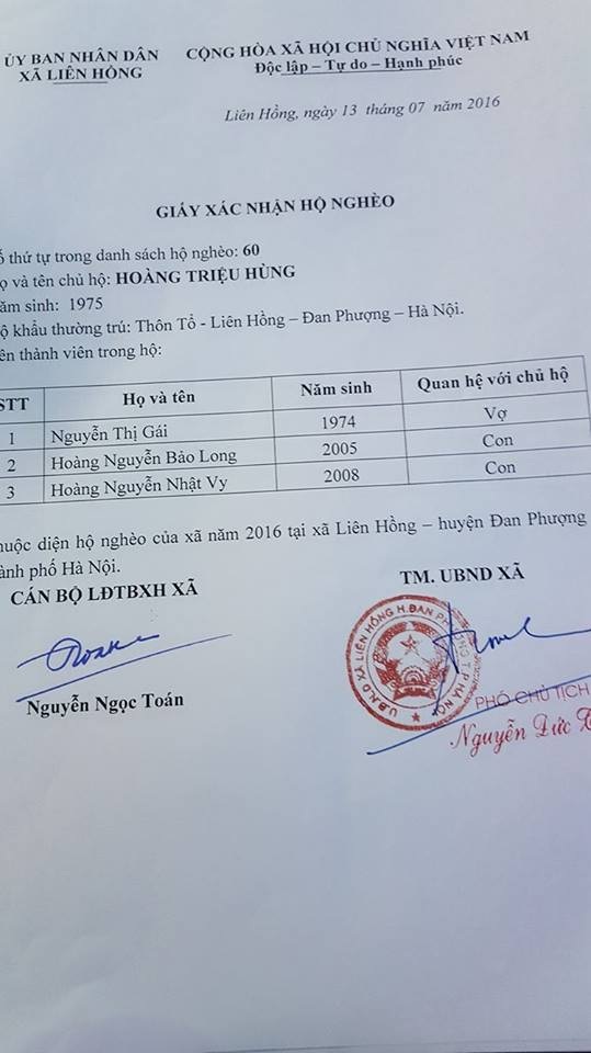 
Giấy xác nhận hộ nghèo của gia đình chị Gái
