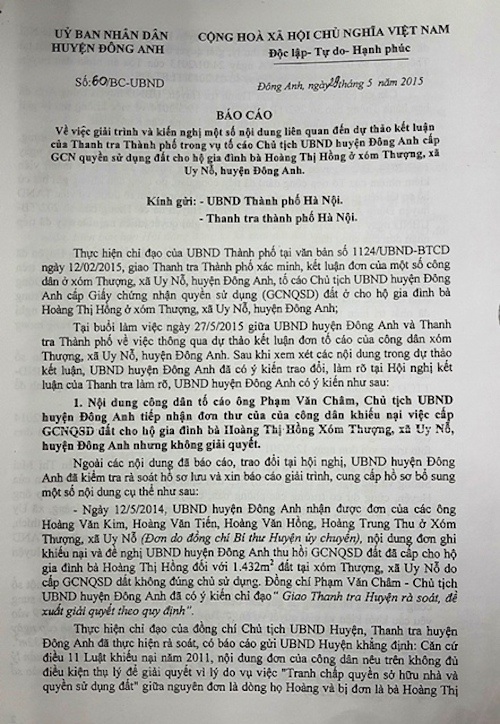 Hà Nội: Đề nghị giải quyết đúng luật quanh cuốn sổ đỏ gây tranh cãi tại huyện Đông Anh - 2
UBND huyện Đông Anh khẳng định rất khó có cơ sở để tổ chức triển khai thực hiện việc hủy sổ đỏ đã cấp bởi quy trình, thủ tục không có gì sai sót lớn.