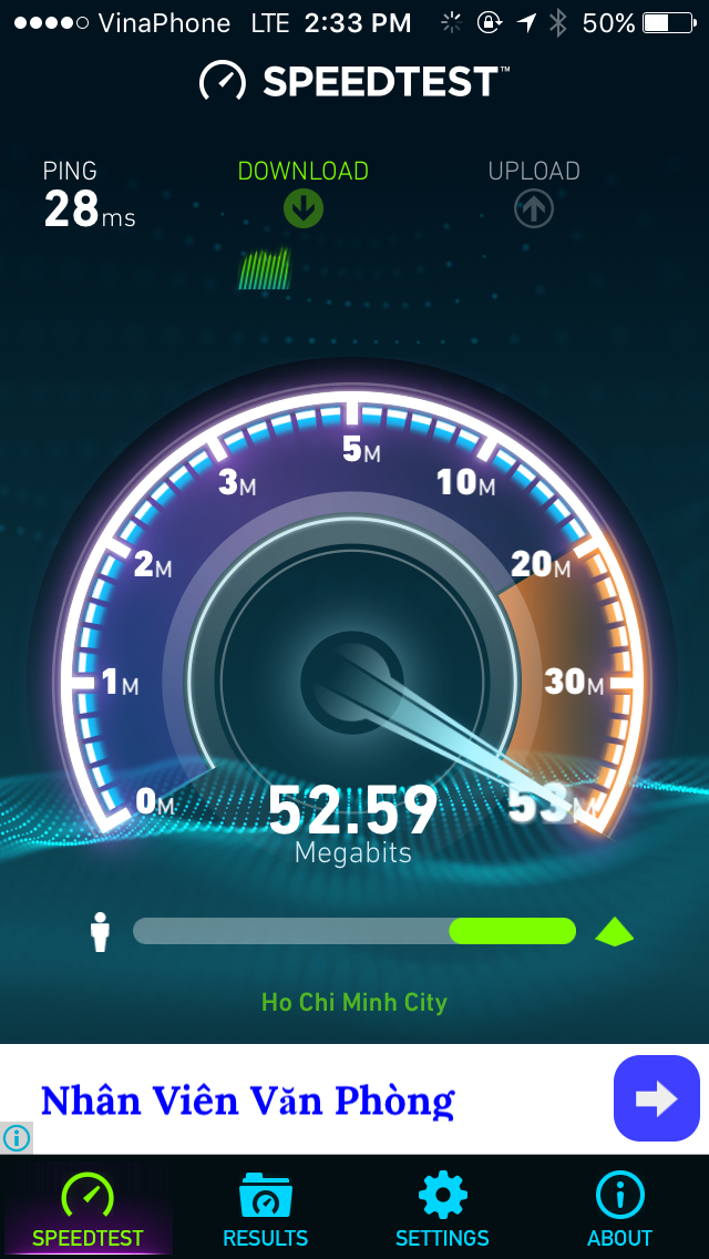 
Test tốc độ download mạng 4G trên máy iPhone 5S lúc 14h33 tại trung tâm đảo Phú Quốc.
