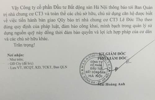 UBND quận Nam Từ Liêm ra “tối hậu thư” cho chủ đầu tư “chây ỳ” trả phí bảo trì chung cư - 3 
Công ty cổ phần đầu tư bất động sản Hà Nội ra văn bản bị cư dân phản đối quyết liệt.