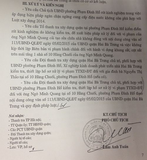 
UBND quận Hai Bà Trưng kết luận văn bản của Chủ tịch phường Phạm Đình Hổ yêu cầu cắt điện nước là không cần thiết và trái luật.

