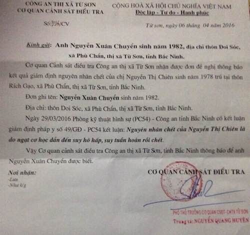 
Công an tỉnh Bắc Ninh có Kết luận giám định pháp y số 49/GĐ-PC54 kết luận nguyên nhân chết của Nguyễn Thị Chiên là ngạt cơ học dẫn đến suy hô hấp, suy tuần hoàn.

