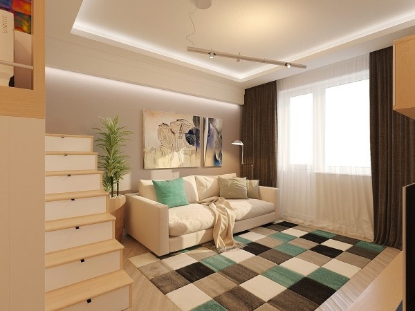 Gợi ý thiết kế căn hộ nhỏ dưới 30m vuông hiện đại và cá tính - 11 Không gian phía trên đã được tận dụng làm một phòng ngủ ở gác lửng, nếu để ý kỹ thì đây là một loại cầu thang “2 trong 1”, ở ngay trong các bậc cầu thang chính là những hộc tủ nhỏ- Thiết kế này giúp ta khai thác được diện tích một cách tối đa