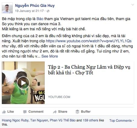 
-Vloger Dưa Leo viết cả “tâm thư” cho Thế Bảo – Khang Voi và Củ Tỏi – Tuấn Tài Lanh để chia sẻ cảm xúc, ngợi khen, khích lệ những người em đồng nghiệp trẻ tài năng.
