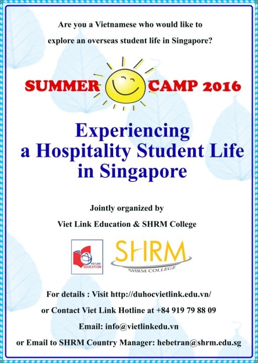 Cơ hội nhận học bổng 100% học phí chuyên ngành Nhà hàng - Khách sạn và du học Hè Singapore 2016 - 3
Trang web chính thức của trường SHRM đăng tải thông tin du học hè 2016 (ảnh: website SHRM)